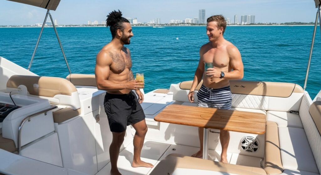 Amigos en un recorrido por un yate en renta de Velamar