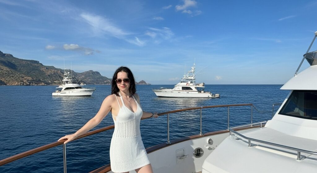 Mujer en un yate en playa en zona dorada