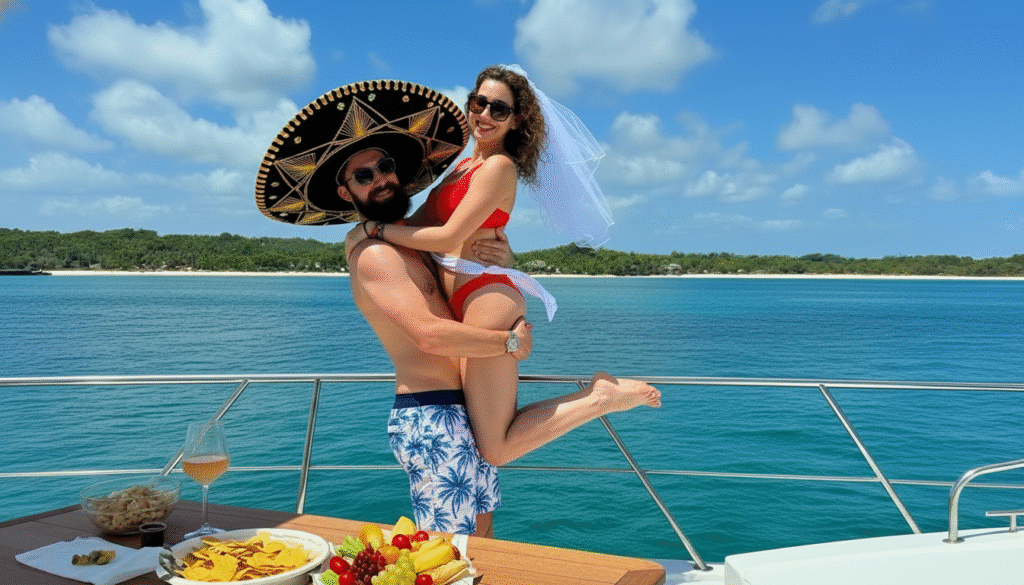 Pareja de novios recorriendo las playas de Mazatlán en un Yate