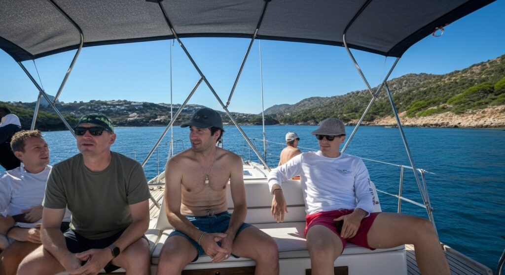 4 amigos en un servicio de renta yates Velamar